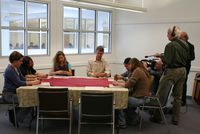 BBC filmmaker Jonathan Stedall filming Antioch students and their teacher, Arthur Auer, as part of documentary on Rudolf Steiner. Photo by Sean Wiley.